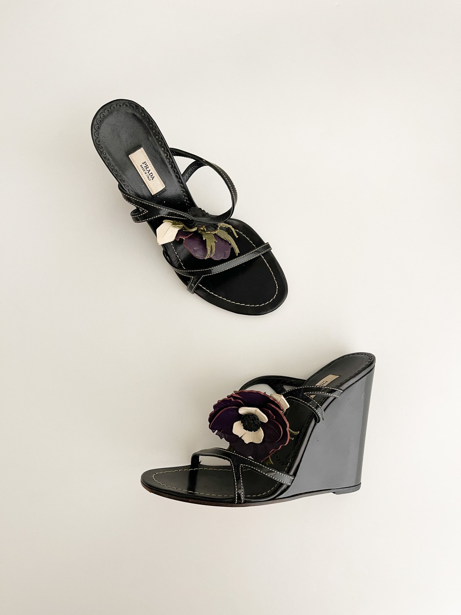 Prada Purple Flower Black Patent Leather Wedge Heels (US 7 / IT 37 